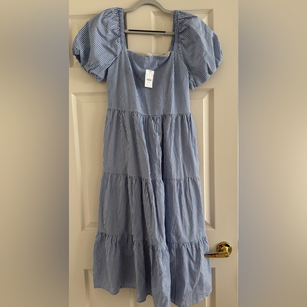 J.Crew Blue Seersucker striped puff sleeve midi dress